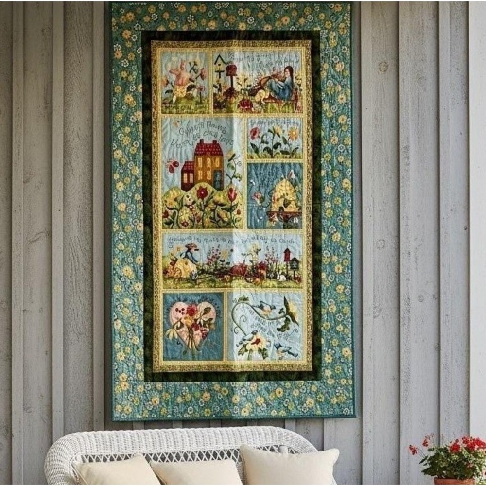Cottagecore Garden Story Quilt Wall Hanging Embroidered Floral 30x50